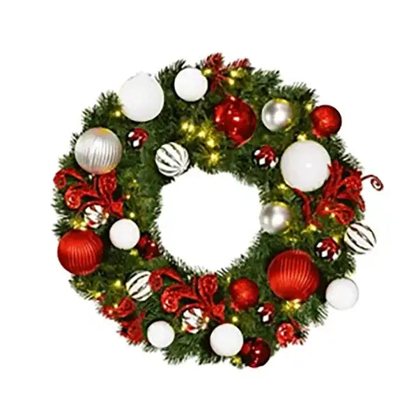 Pre-Decorated Christmas Wreath with Warm White Lights Red/White/Silver