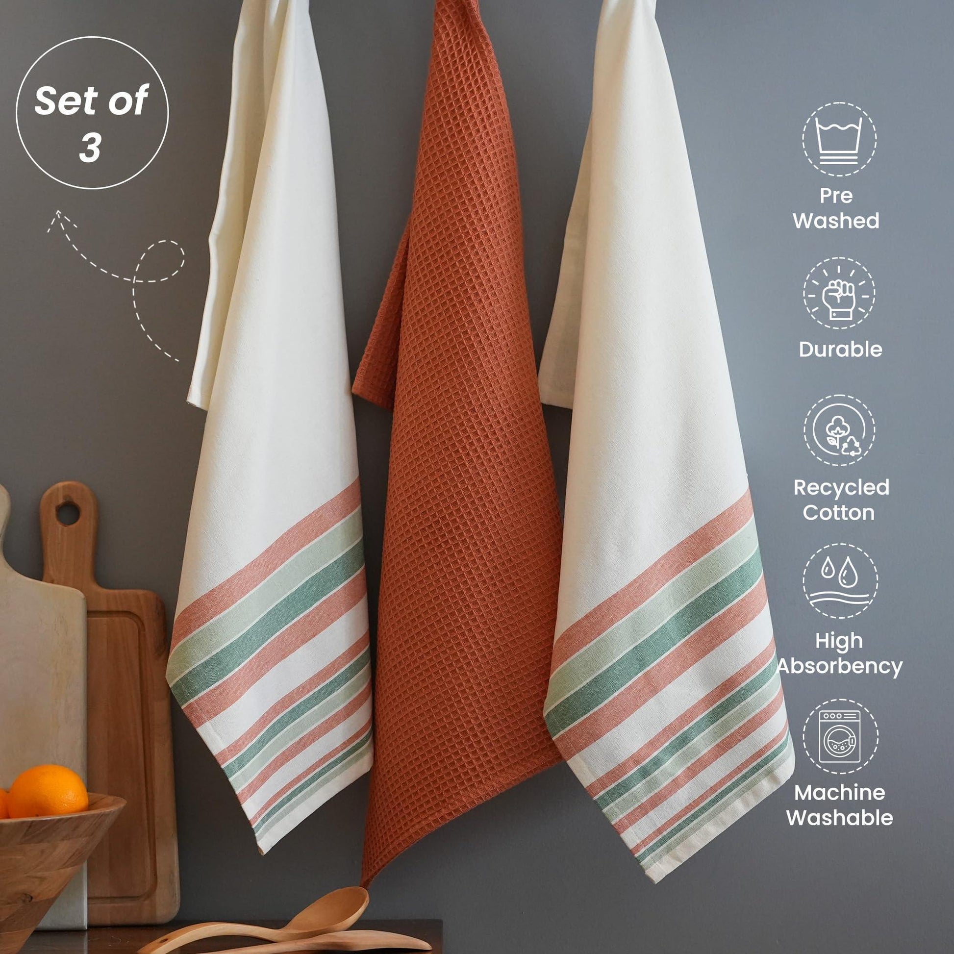 Decorative Kitchen Towels Set of 3 Recycled Cotton 28X18 Inch Waffle Weave Dish Towels for Drying Dishes Red and Green Absorbent Tea Towels Boho Stripe Design Eco Friendly