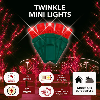 LED Mini Lights 5MM Red Twinkle Green Wire  6" Spacing