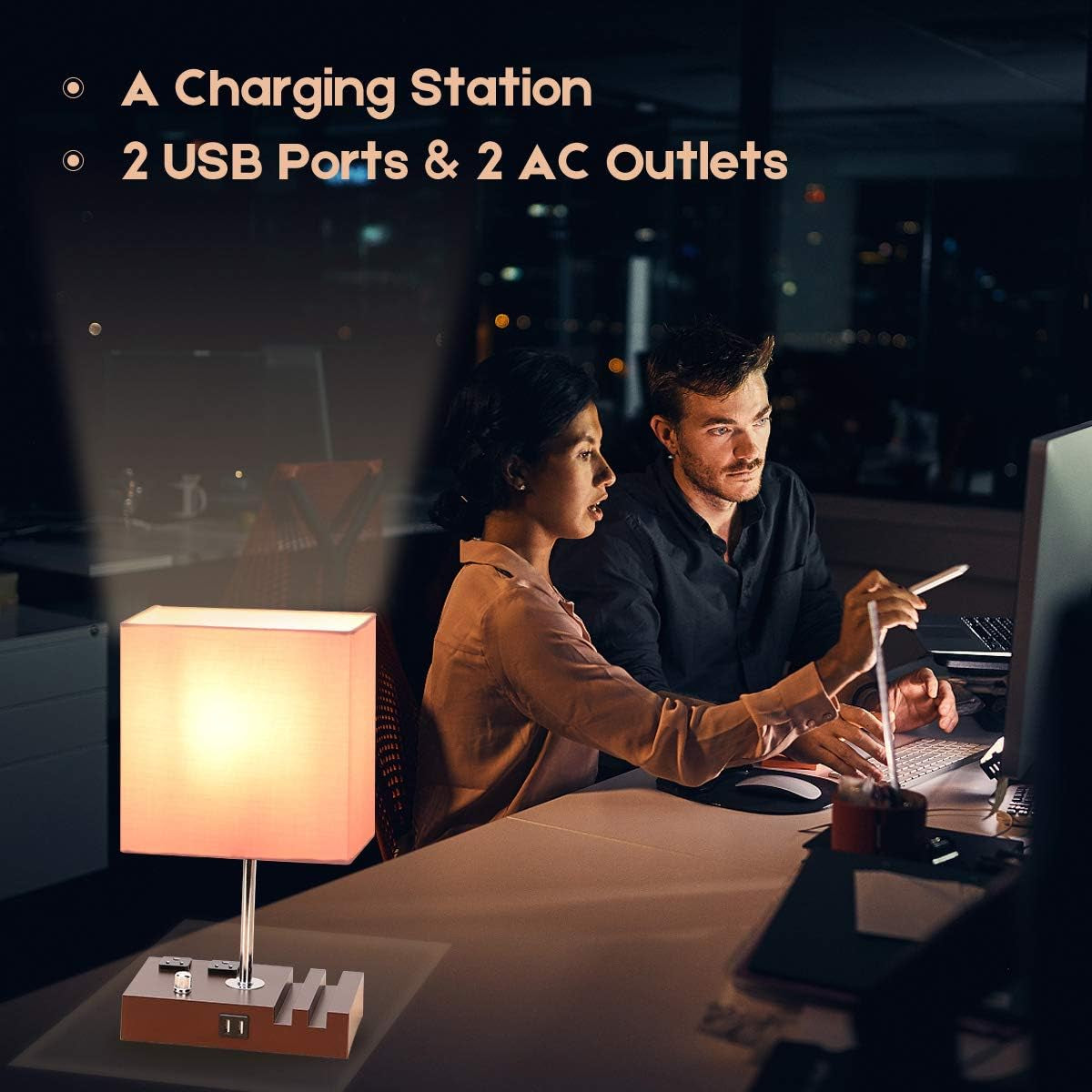 Fully Dimmable Table Lamp for Bedroom Dual USB Port Bedside Lamp for Nightstand Desk Lamps with Charging Station 2 Power Outlets, Fabric Lampshade LED Bulb Included (Mocha/Pink)