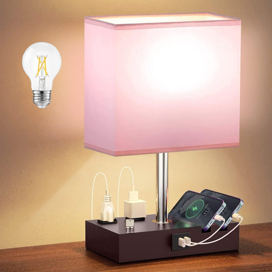 Fully Dimmable Table Lamp for Bedroom Dual USB Port Bedside Lamp for Nightstand Desk Lamps with Charging Station 2 Power Outlets, Fabric Lampshade LED Bulb Included (Mocha/Pink)