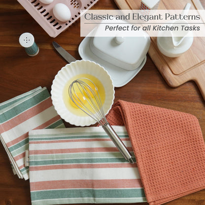 Decorative Kitchen Towels Set of 3 Recycled Cotton 28X18 Inch Waffle Weave Dish Towels for Drying Dishes Red and Green Absorbent Tea Towels Boho Stripe Design Eco Friendly