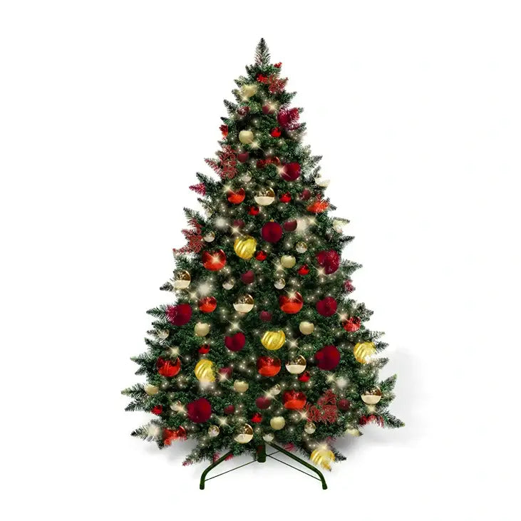 9FT Artificial Christmas Tree PVC Pre-Decorated Red Burgundy Gold Ornaments with Warm White Lights