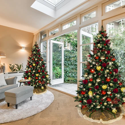 9FT Artificial Christmas Tree PVC Pre-Decorated Red Burgundy Gold Ornaments with Warm White Lights