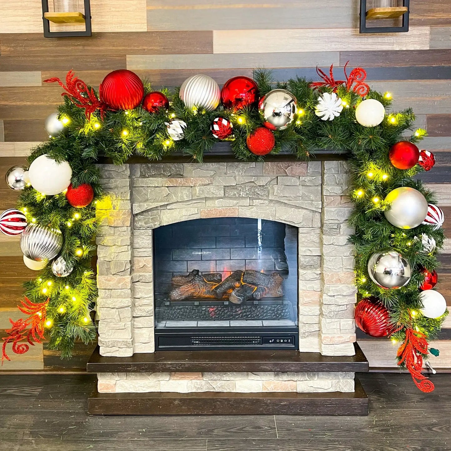 9'x14" Pre-Decorated Garland with Warm White Lights Red/White/Silver