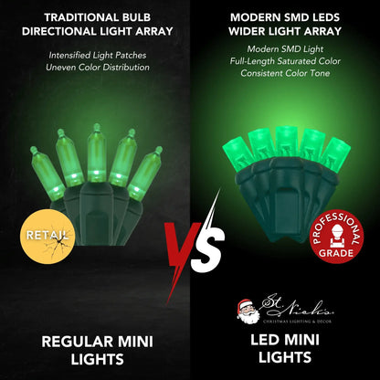 LED Mini Lights 5MM Green Static Green Wire - 6" Spacing