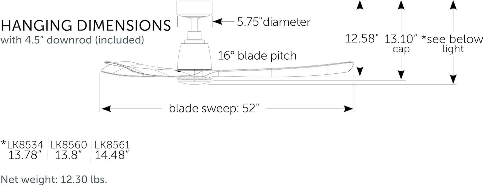 Kute 3 Blade Ceiling Fan with Light Kit 52 Inches Wide with Black Finish and Black Blades