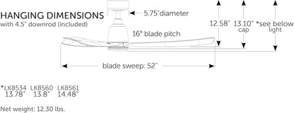 Kute 3 Blade Ceiling Fan with Light Kit 52 Inches Wide with Black Finish and Black Blades