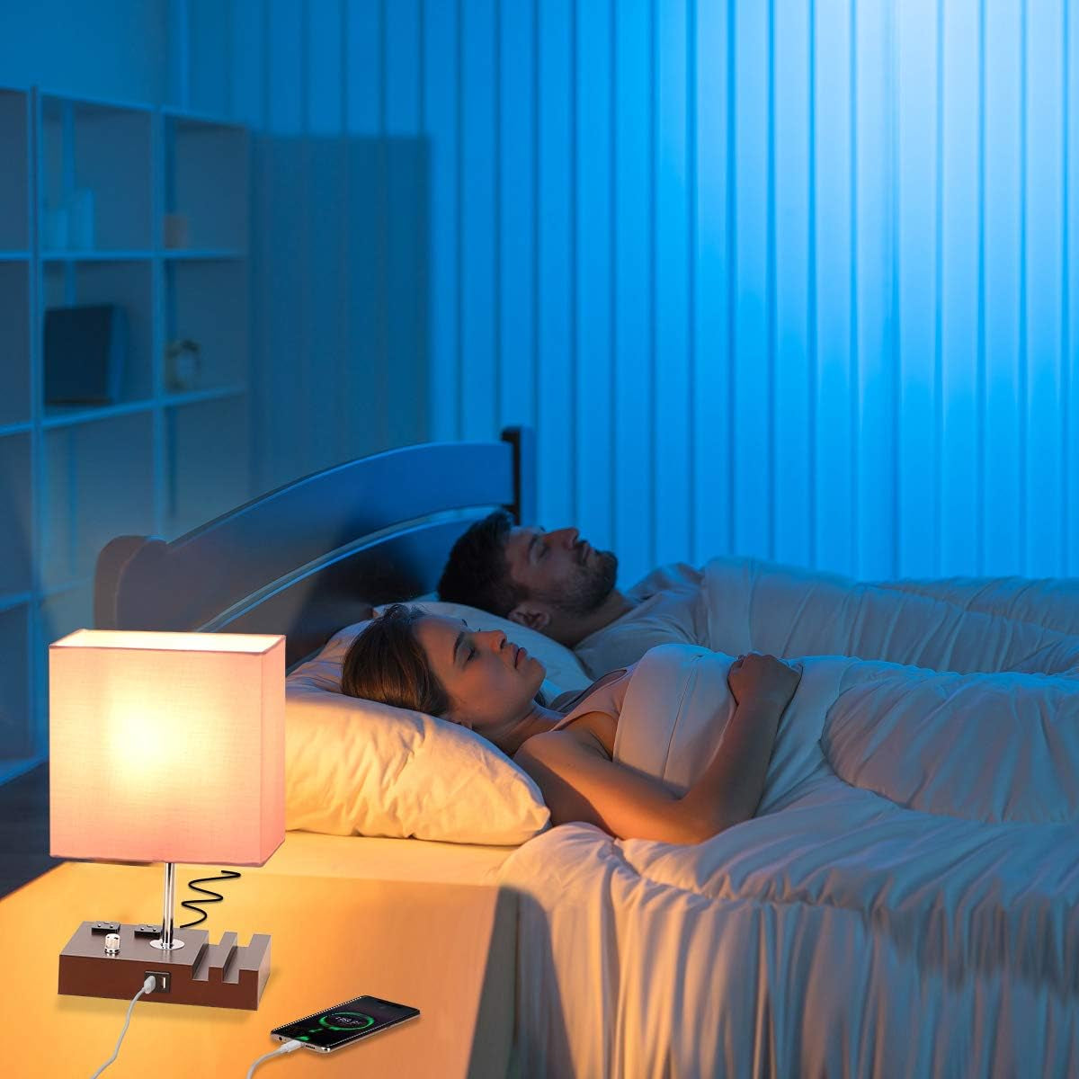 Fully Dimmable Table Lamp for Bedroom Dual USB Port Bedside Lamp for Nightstand Desk Lamps with Charging Station 2 Power Outlets, Fabric Lampshade LED Bulb Included (Mocha/Pink)