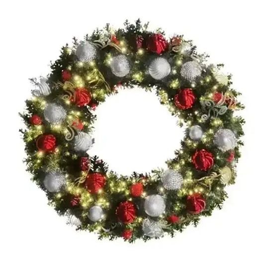 Pre-Decorated Christmas Wreath with Warm White Lights Red/White/Silver